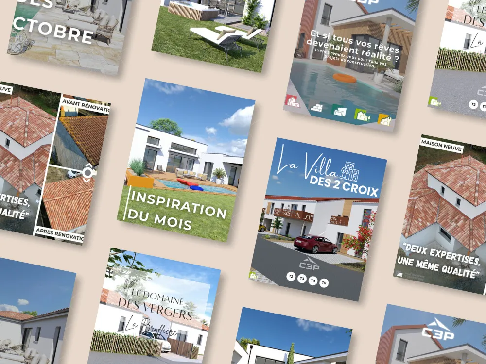 Mosaïque de publications C3P posées en quinconce : maisons neuves, « Inspiration du mois », « Deux expertises, une même qualité ».