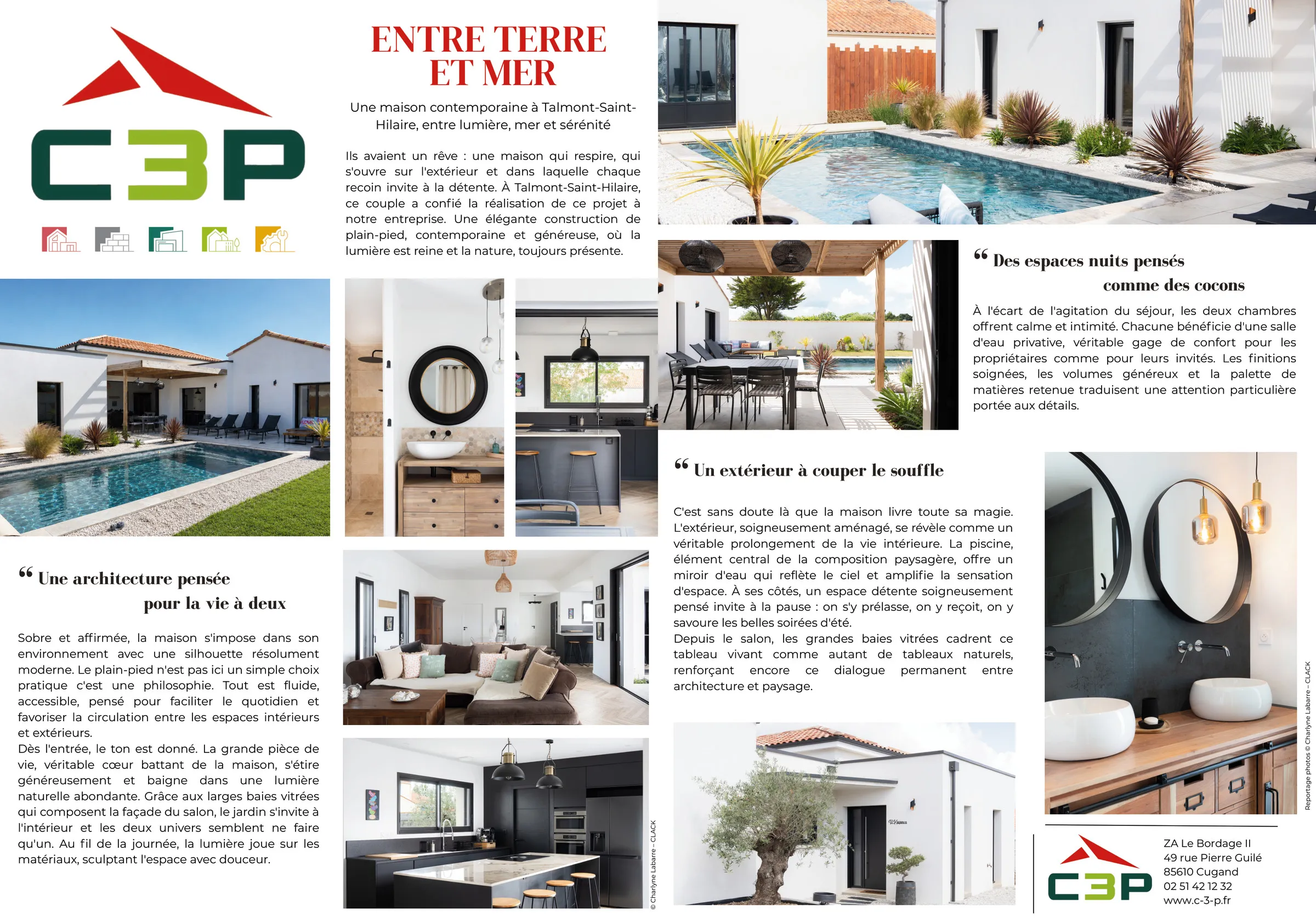 Double page de magazine pour C3P : titre « Entre terre et mer », photos d'une maison contemporaine de plain-pied avec piscine à Talmont-Saint-Hilaire, textes et intertitres.